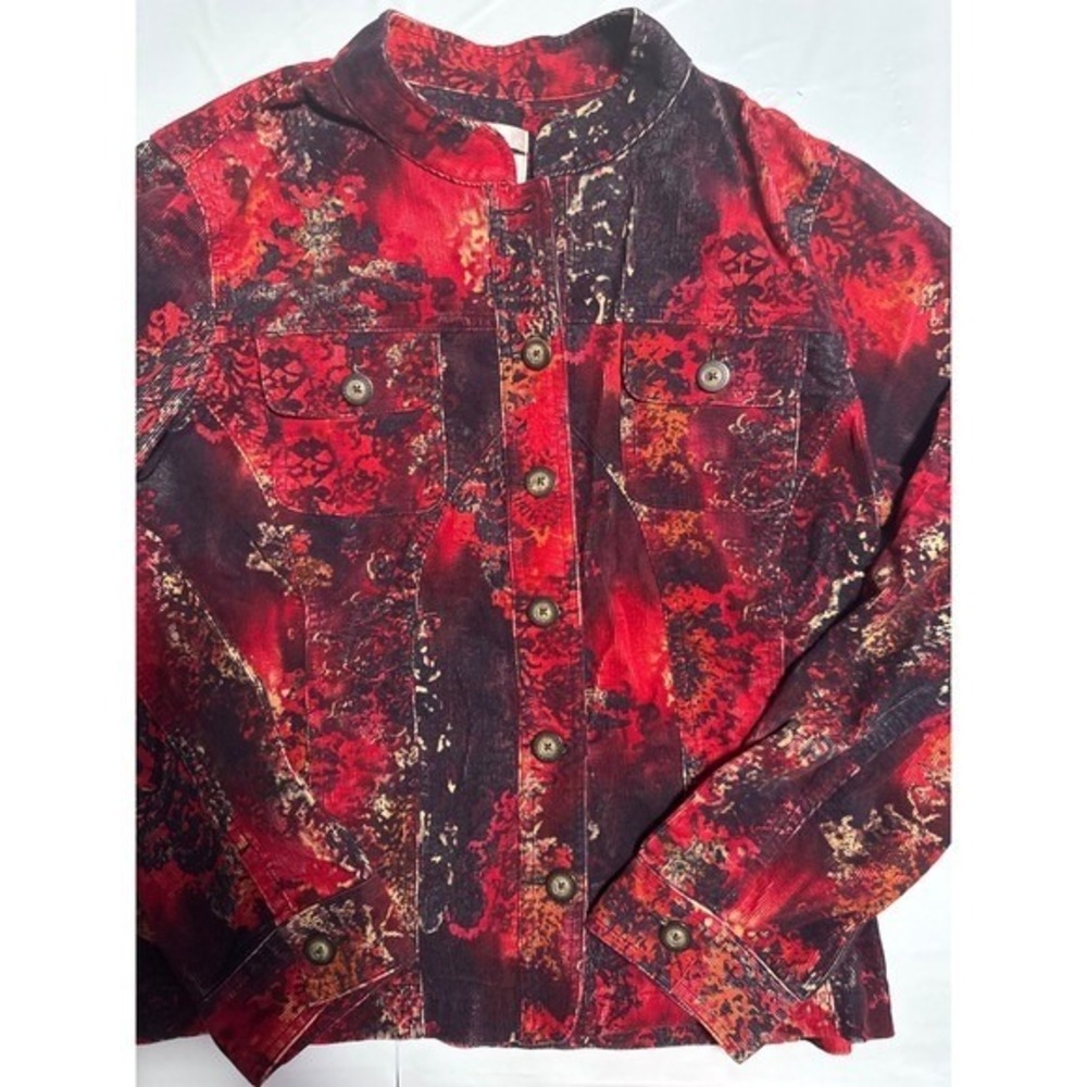 Christopher & Banks Red Floral Corduroy Stretch Button Down Jacket